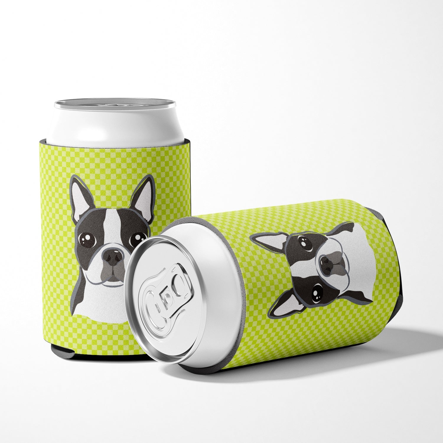 Checkerboard Lime Green Boston Terrier Can or Bottle Hugger Cooler Sleeve for Standard 12 oz Cans, Insulated Foam Beer & Soda Can Hugger Reusable