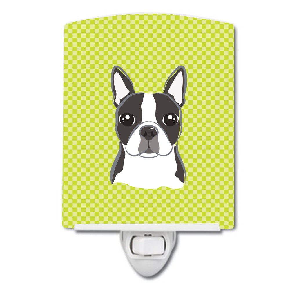Checkerboard Lime Green Boston Terrier Ceramic Night Light Compact, UL-Certified, Ideal for Bedroom, Bathroom, Nursery, Hallway, Kitchen, 6x4x3, Multicolor