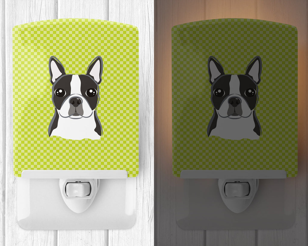 Checkerboard Lime Green Boston Terrier Ceramic Night Light Compact, UL-Certified, Ideal for Bedroom, Bathroom, Nursery, Hallway, Kitchen, 6x4x3, Multicolor