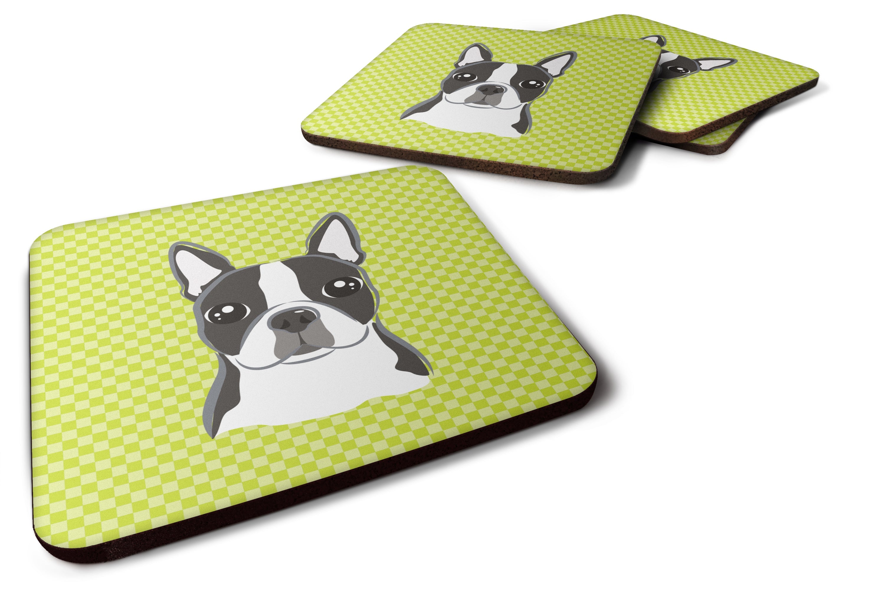 Checkerboard Lime Green Boston Terrier Foam Coasters Set of 4 Cup Coasters for Indoor Outdoor, Tabletop Protection, Anti Slip, Mouse pad Material