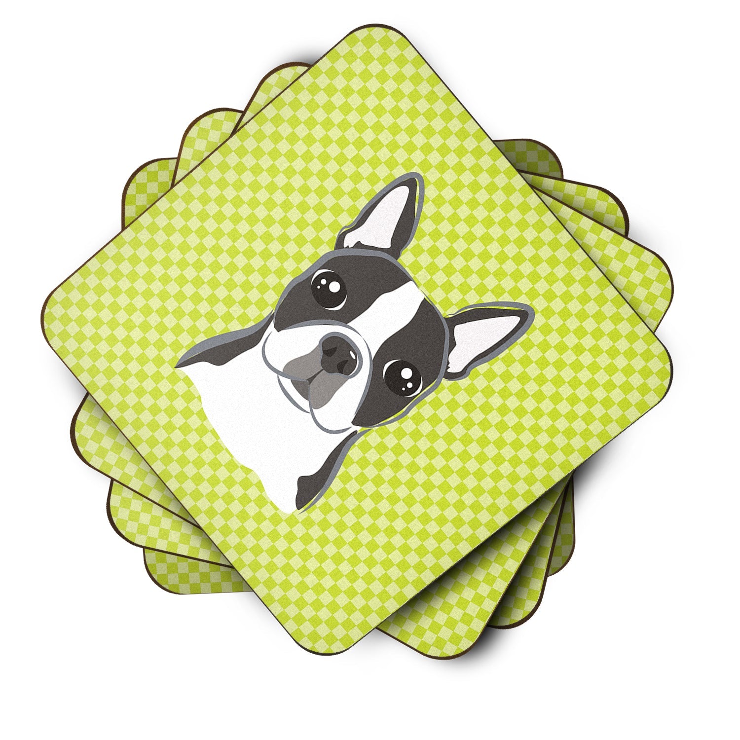Checkerboard Lime Green Boston Terrier Foam Coasters Set of 4 Cup Coasters for Indoor Outdoor, Tabletop Protection, Anti Slip, Mouse pad Material