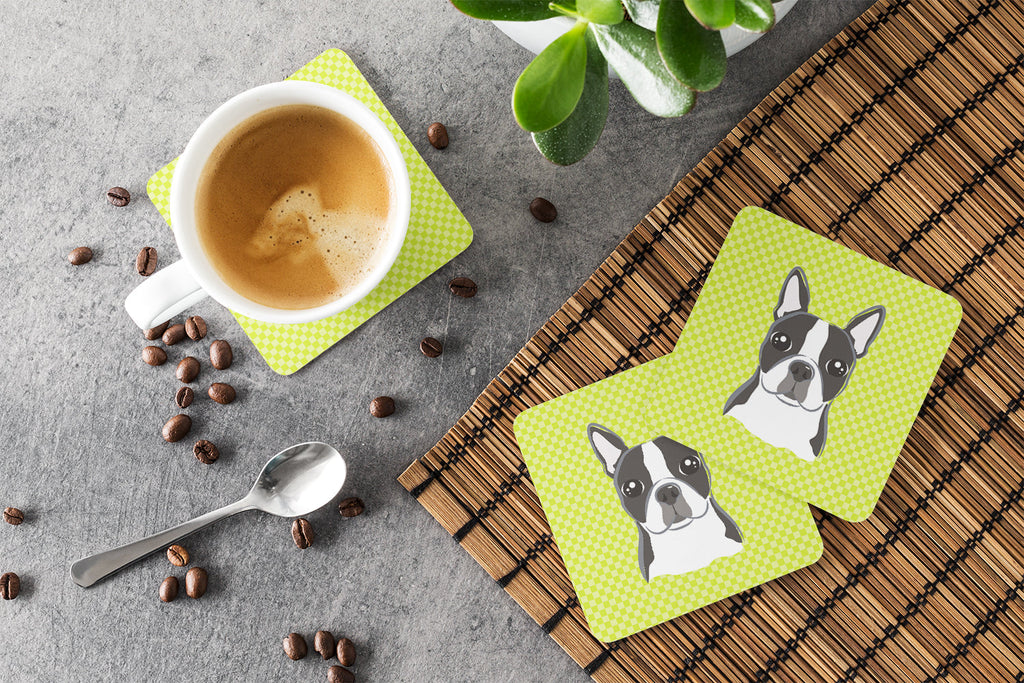 Checkerboard Lime Green Boston Terrier Foam Coasters Set of 4 Cup Coasters for Indoor Outdoor, Tabletop Protection, Anti Slip, Mouse pad Material