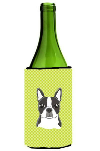 Checkerboard Lime Green Boston Terrier Wine Bottle Hugger Gift Sleeve for Standard 750 ml Bottles, Insulated Reusable Also Fits Mini Shot & Pint Bottles