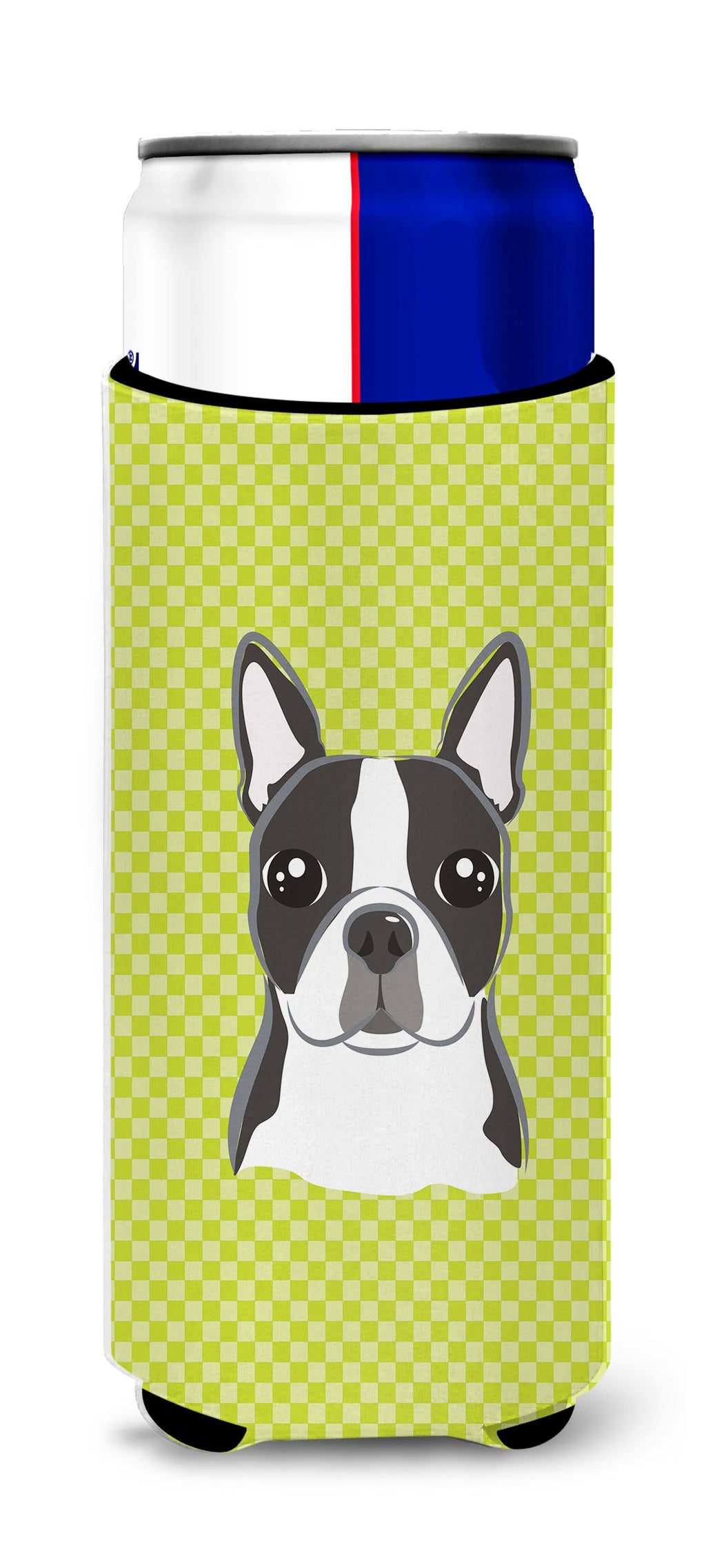 Checkerboard Lime Green Boston Terrier Slim Can Hugger , Insulated Foam Hugger for 12 oz Slim Cans, Beer Bottles & Water Bottles, Printed in USA