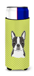 Checkerboard Lime Green Boston Terrier Slim Can Hugger , Insulated Foam Hugger for 12 oz Slim Cans, Beer Bottles & Water Bottles, Printed in USA