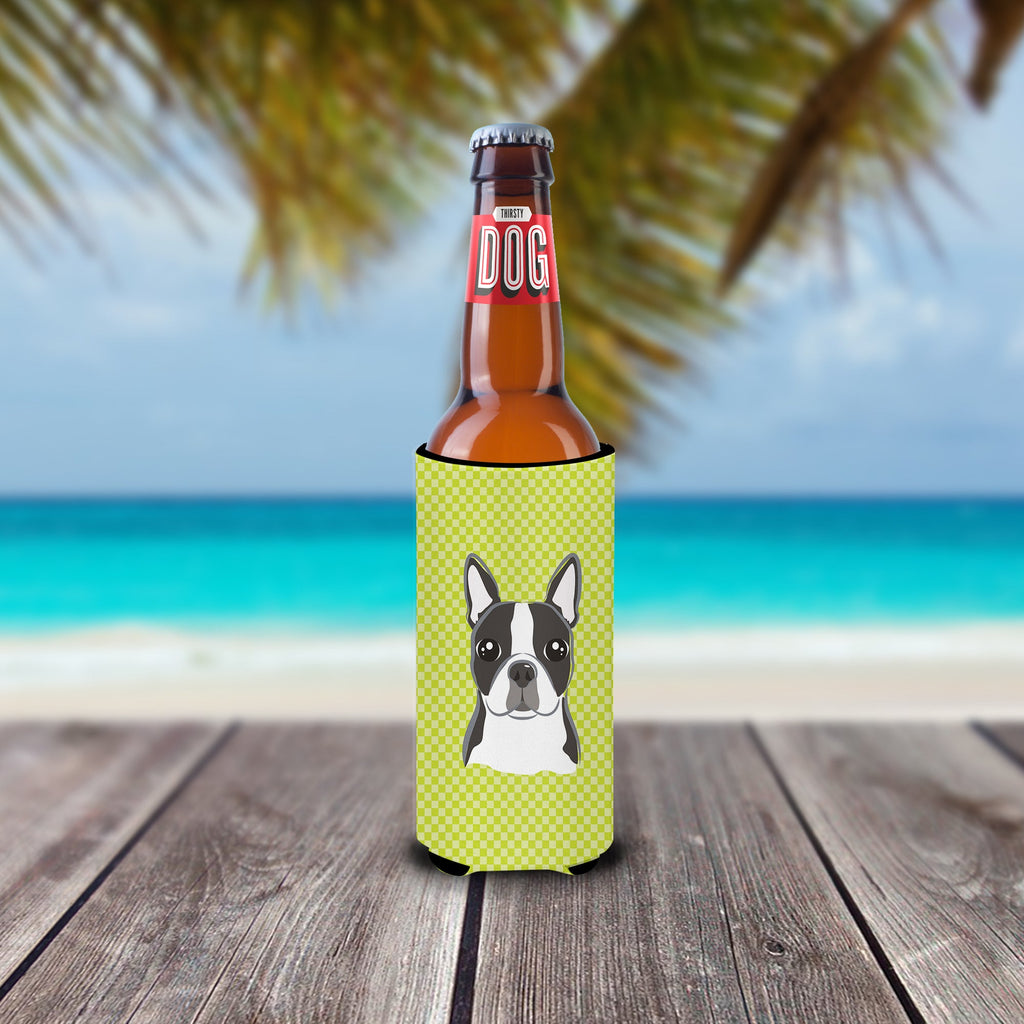 Checkerboard Lime Green Boston Terrier Slim Can Hugger , Insulated Foam Hugger for 12 oz Slim Cans, Beer Bottles & Water Bottles, Printed in USA