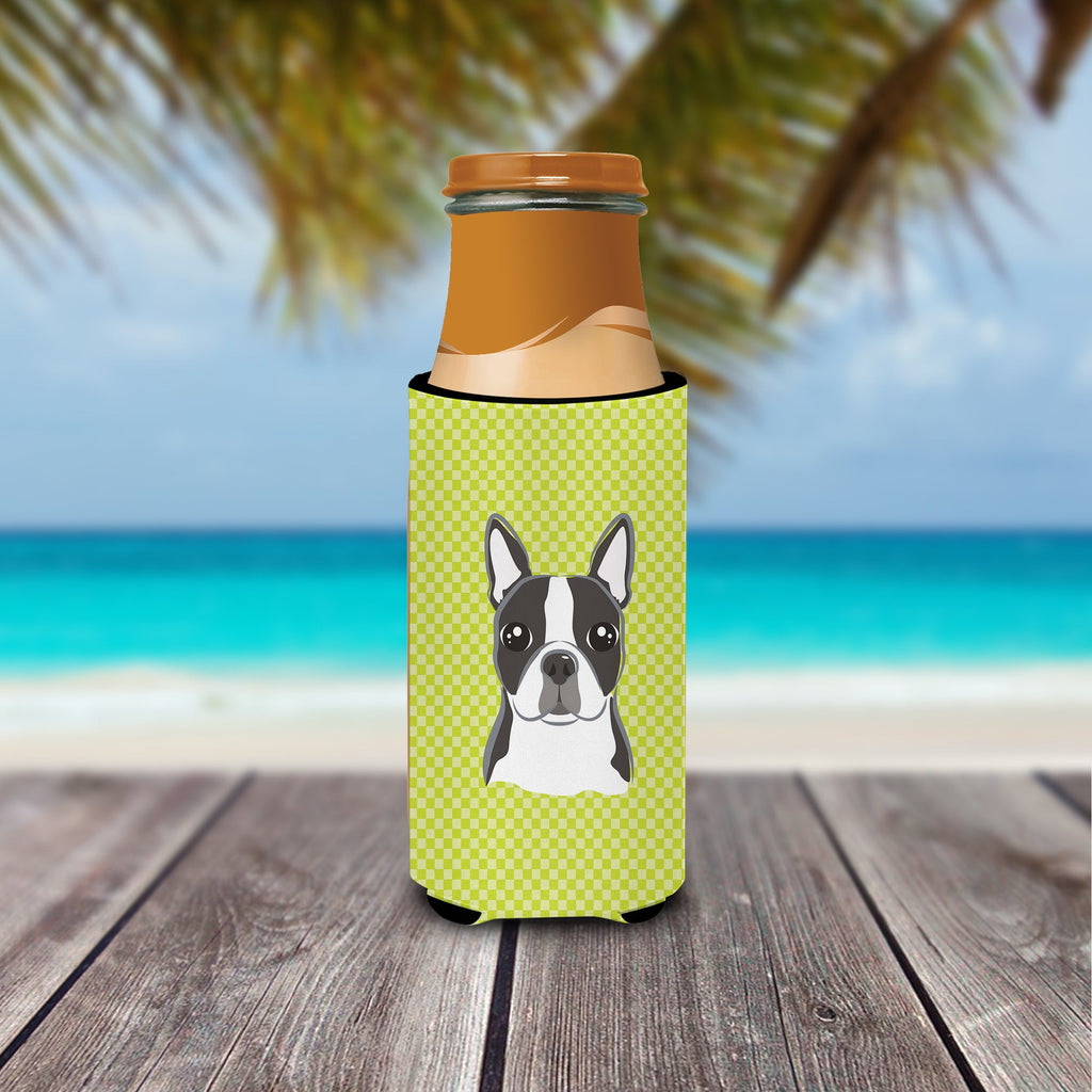 Checkerboard Lime Green Boston Terrier Slim Can Hugger , Insulated Foam Hugger for 12 oz Slim Cans, Beer Bottles & Water Bottles, Printed in USA