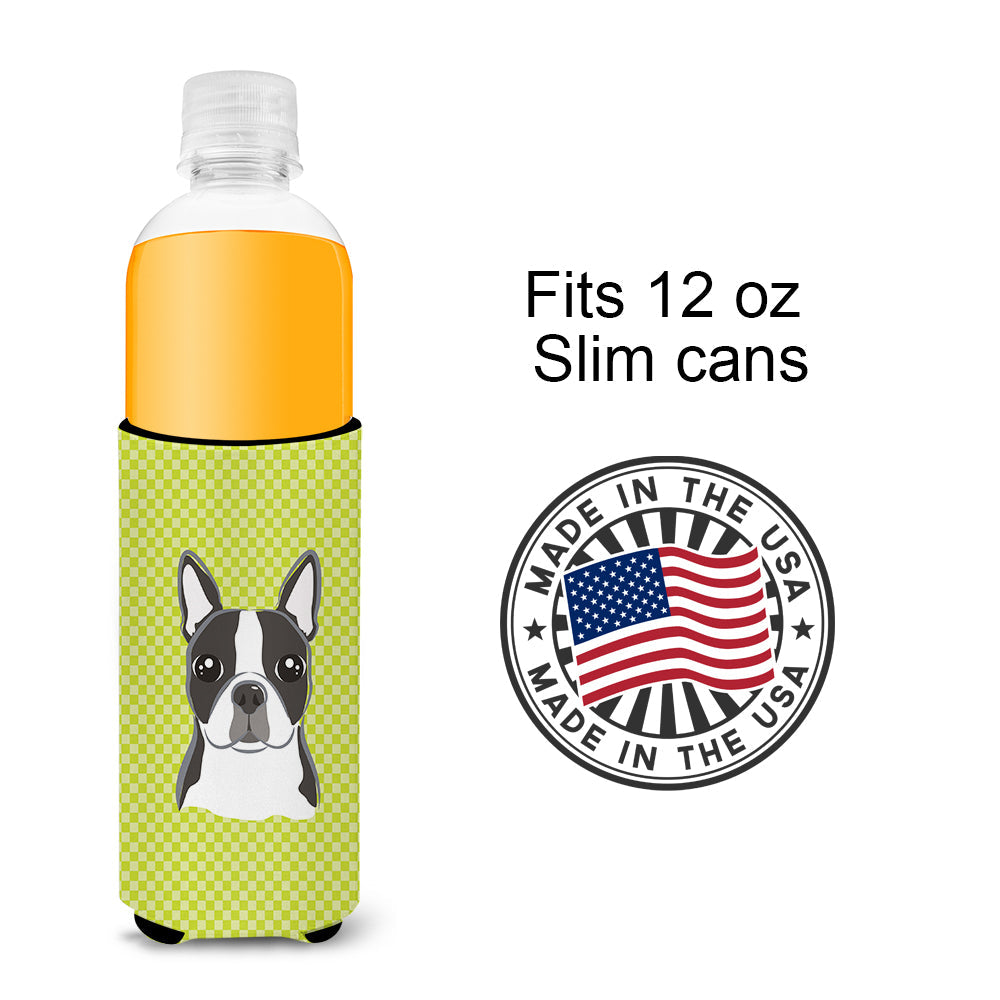 Checkerboard Lime Green Boston Terrier Slim Can Hugger , Insulated Foam Hugger for 12 oz Slim Cans, Beer Bottles & Water Bottles, Printed in USA