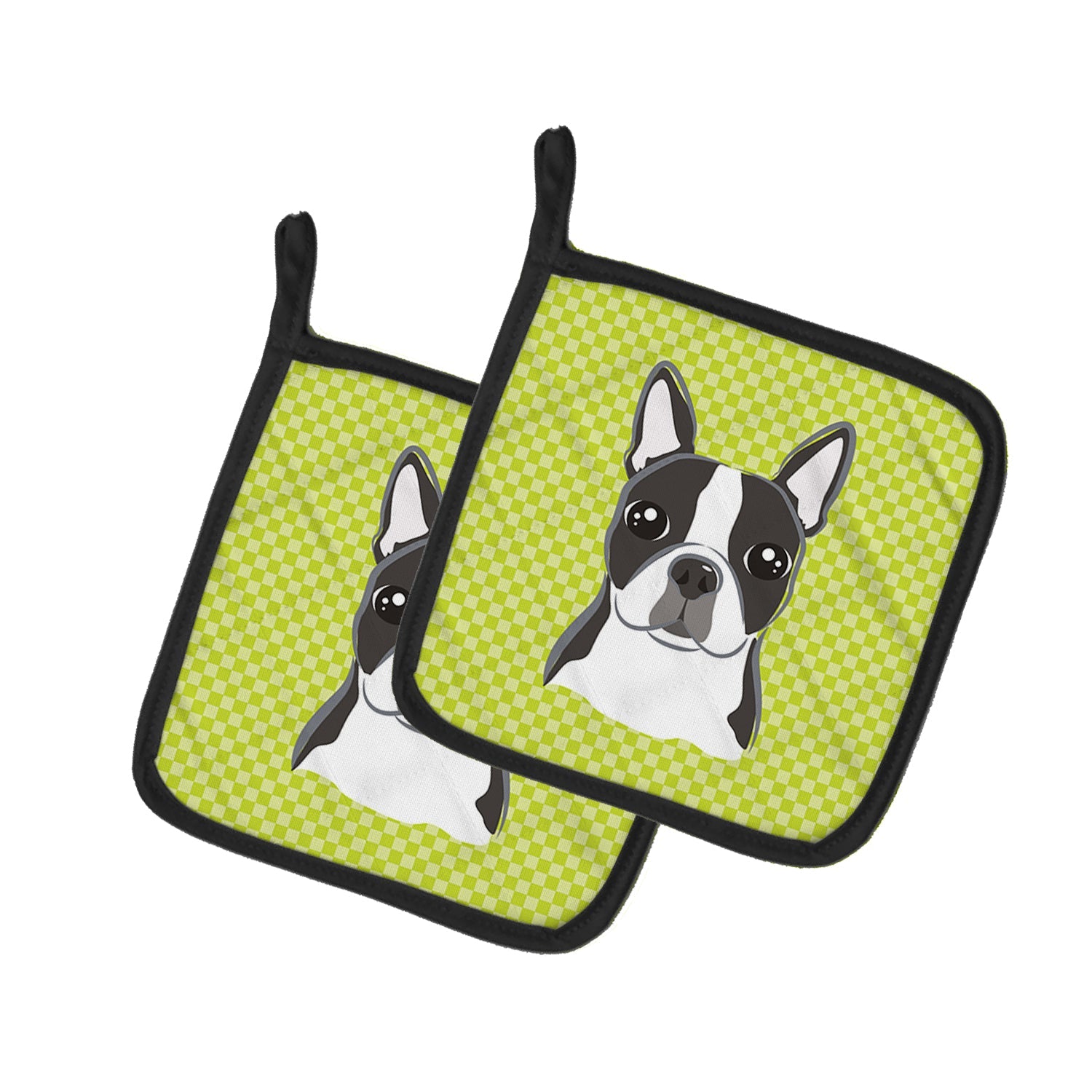 Checkerboard Lime Green Boston Terrier Pot Holder Set of 2 Heat Resistant Quilted Hot Pads 7.5 x 7.5 Inch, Insulated Kitchen Trivets for Cooking & Baking