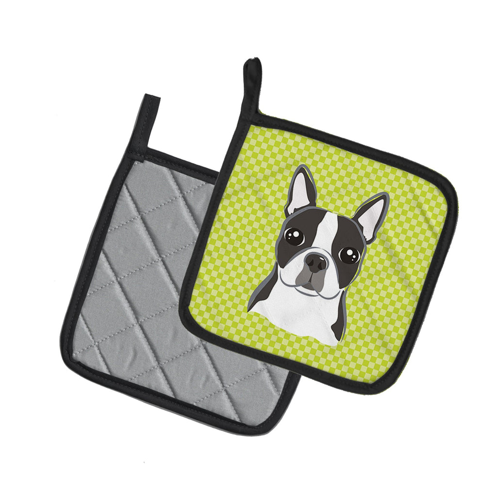 Checkerboard Lime Green Boston Terrier Pot Holder Set of 2 Heat Resistant Quilted Hot Pads 7.5 x 7.5 Inch, Insulated Kitchen Trivets for Cooking & Baking