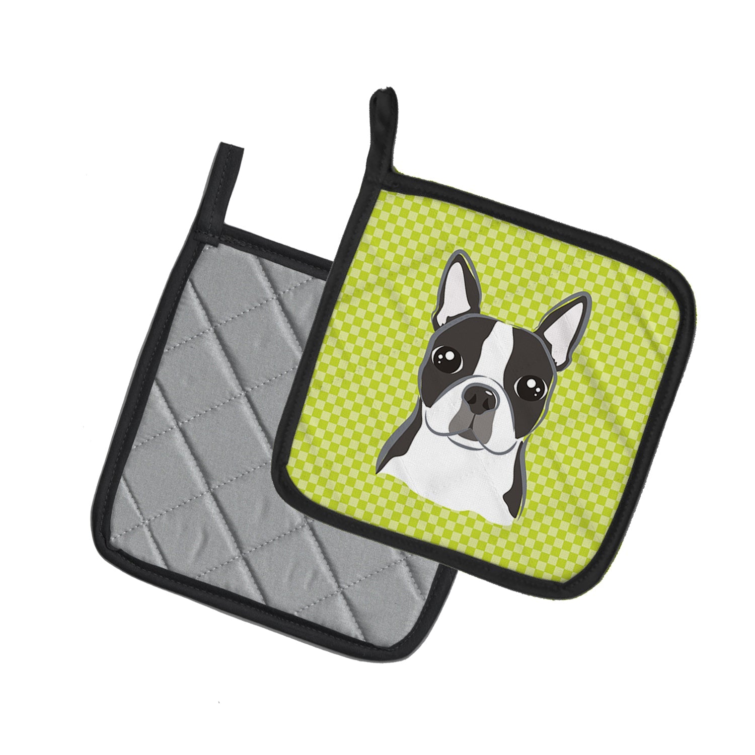 Checkerboard Lime Green Boston Terrier Pot Holder Set of 2 Heat Resistant Quilted Hot Pads 7.5 x 7.5 Inch, Insulated Kitchen Trivets for Cooking & Baking