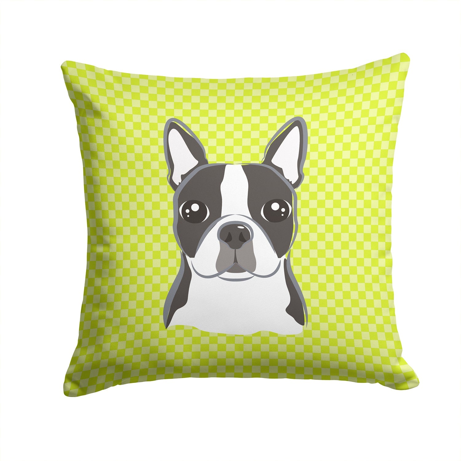 Checkerboard Lime Green Boston Terrier Decorative Throw Pillow 14x14 Indoor Outdoor Accent Cushion, Fabric Cover with Insert for Sofa, Bed, Porch & Living Room