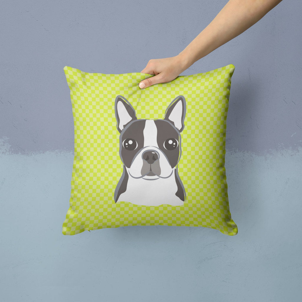 Checkerboard Lime Green Boston Terrier Decorative Throw Pillow 14x14 Indoor Outdoor Accent Cushion, Fabric Cover with Insert for Sofa, Bed, Porch & Living Room