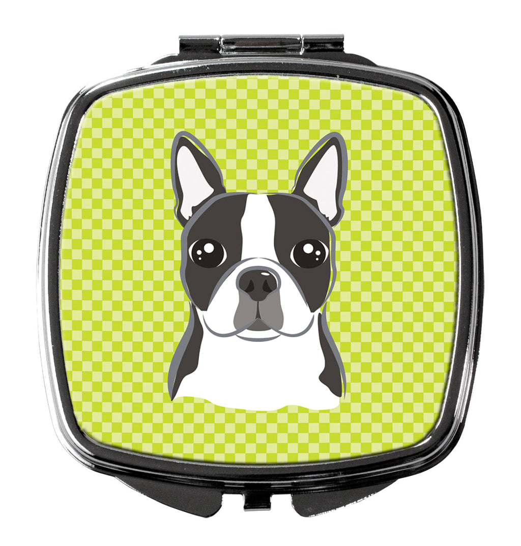Checkerboard Lime Green Boston Terrier Compact Mirror Decorative Travel Makeup Mirror for Women Girls Gifts Pocket Makeup Mirror Folding Handheld