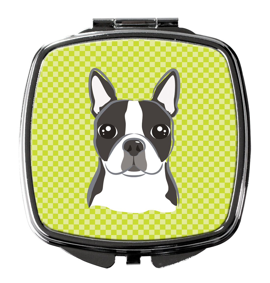 Checkerboard Lime Green Boston Terrier Compact Mirror Decorative Travel Makeup Mirror for Women Girls Gifts Pocket Makeup Mirror Folding Handheld