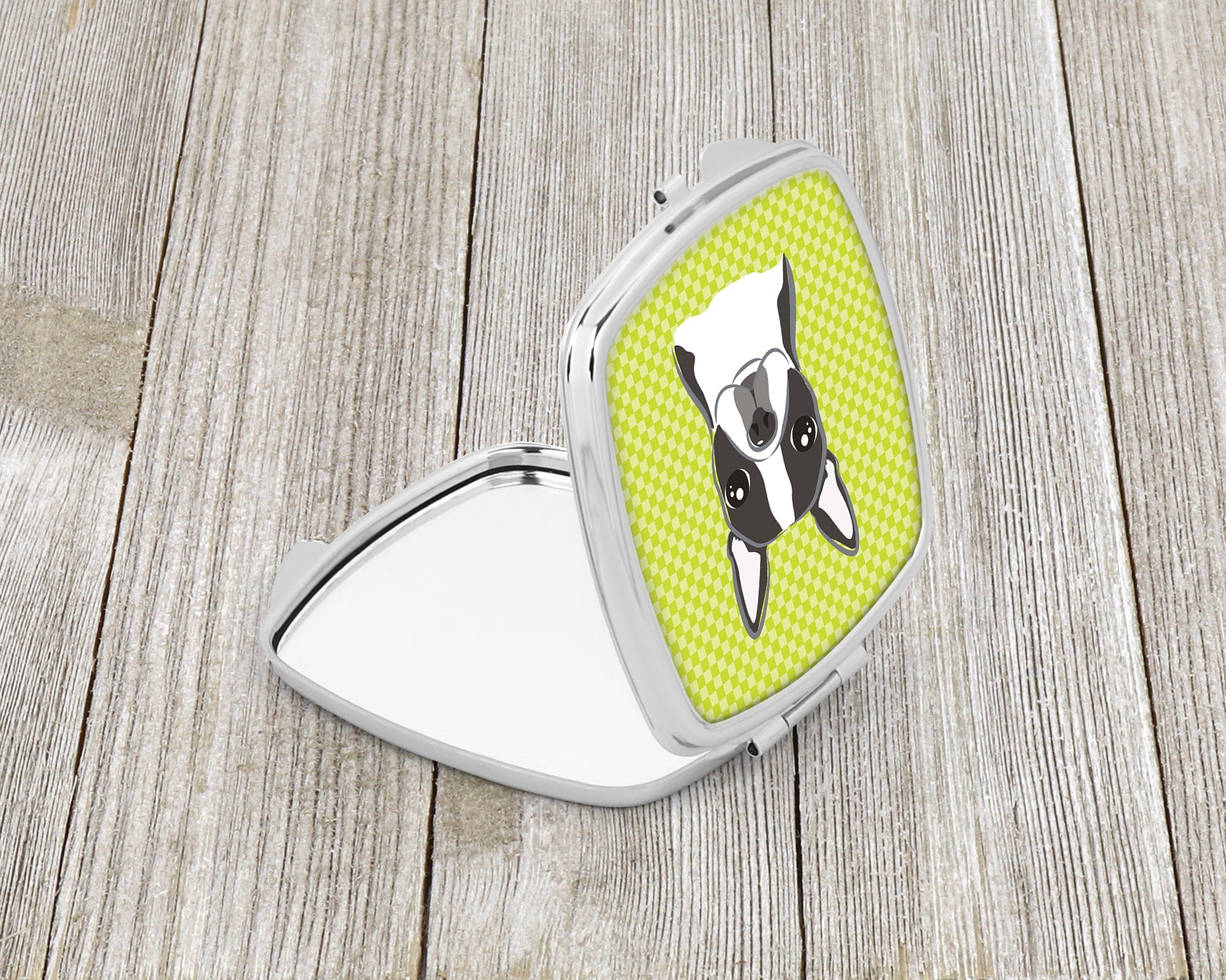 Checkerboard Lime Green Boston Terrier Compact Mirror Decorative Travel Makeup Mirror for Women Girls Gifts Pocket Makeup Mirror Folding Handheld