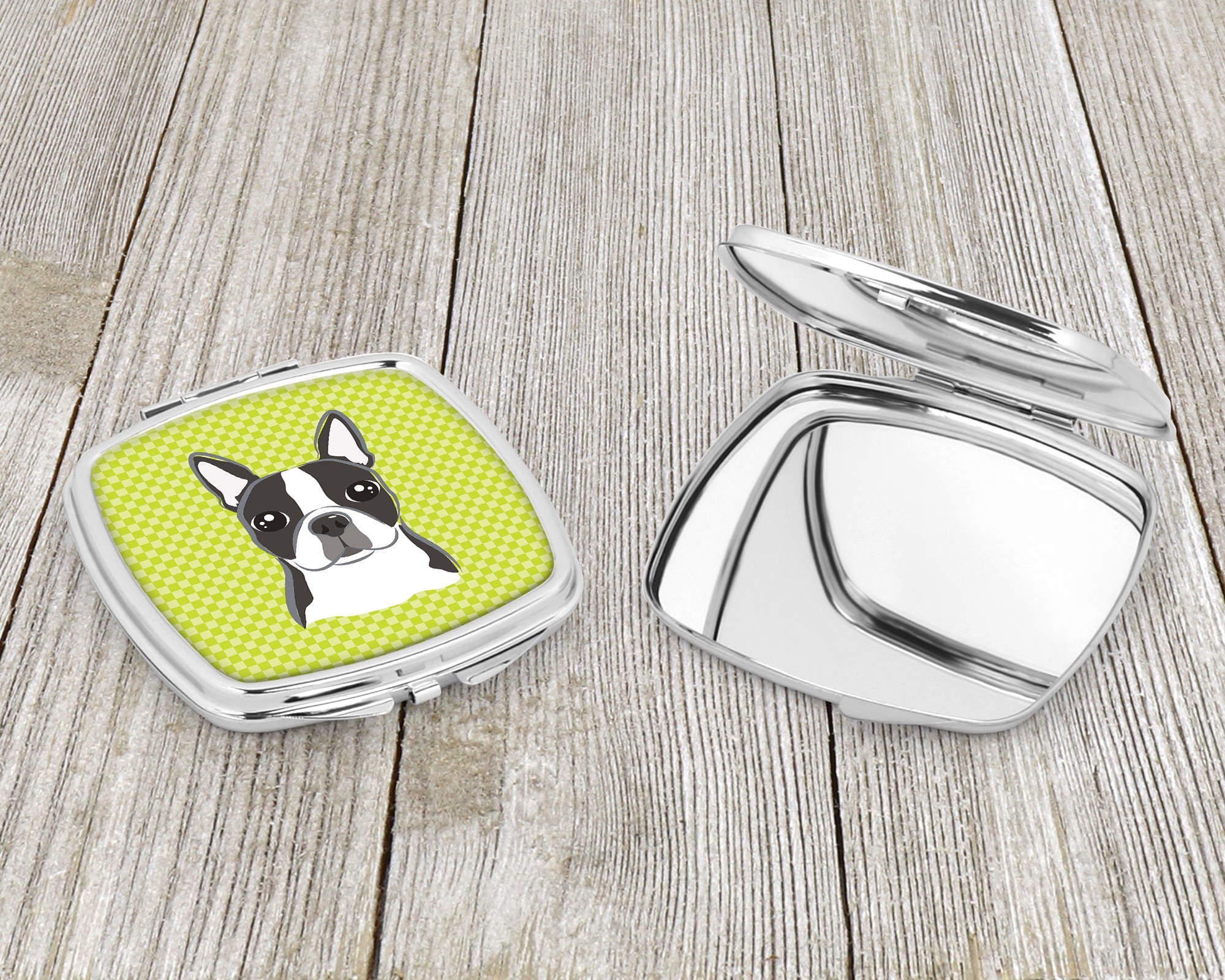Checkerboard Lime Green Boston Terrier Compact Mirror Decorative Travel Makeup Mirror for Women Girls Gifts Pocket Makeup Mirror Folding Handheld