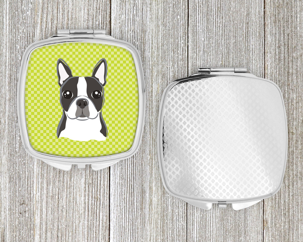 Checkerboard Lime Green Boston Terrier Compact Mirror Decorative Travel Makeup Mirror for Women Girls Gifts Pocket Makeup Mirror Folding Handheld