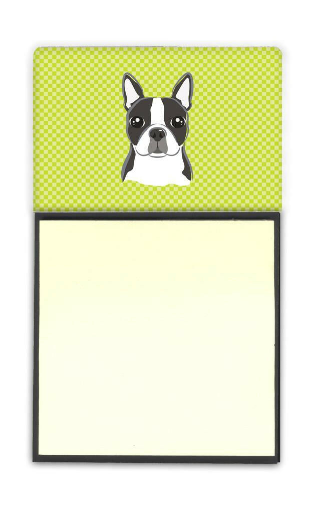 Checkerboard Lime Green Boston Terrier Watercolor Sticky Note Holder Refillable Dispenser Desk Accessory 3x3 Pad Gift