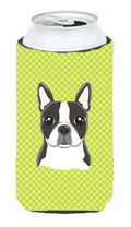 Checkerboard Lime Green Boston Terrier Tall Boy Hugger Can Cooler Sleeve Machine Washable Drink Collapsible Insulator Beverage Insulated Holder