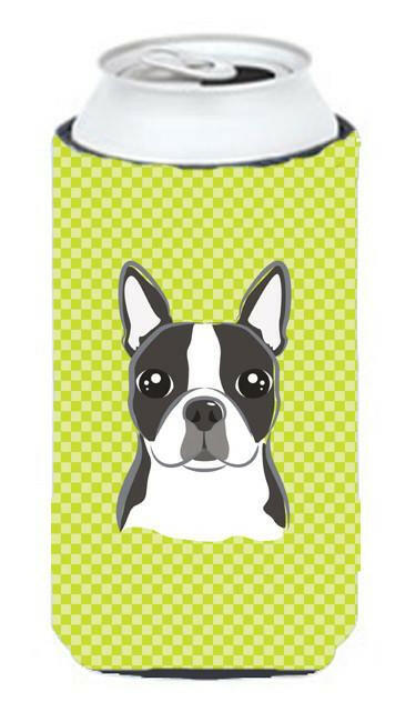 Checkerboard Lime Green Boston Terrier Tall Boy Hugger Can Cooler Sleeve Machine Washable Drink Collapsible Insulator Beverage Insulated Holder