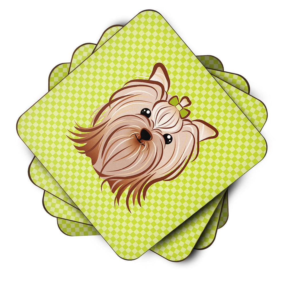 Checkerboard Lime Green Yorkie Yorkishire Terrier Foam Coasters Set of 4 Cup Coasters for Indoor Outdoor, Tabletop Protection, Anti Slip, Mouse pad Material