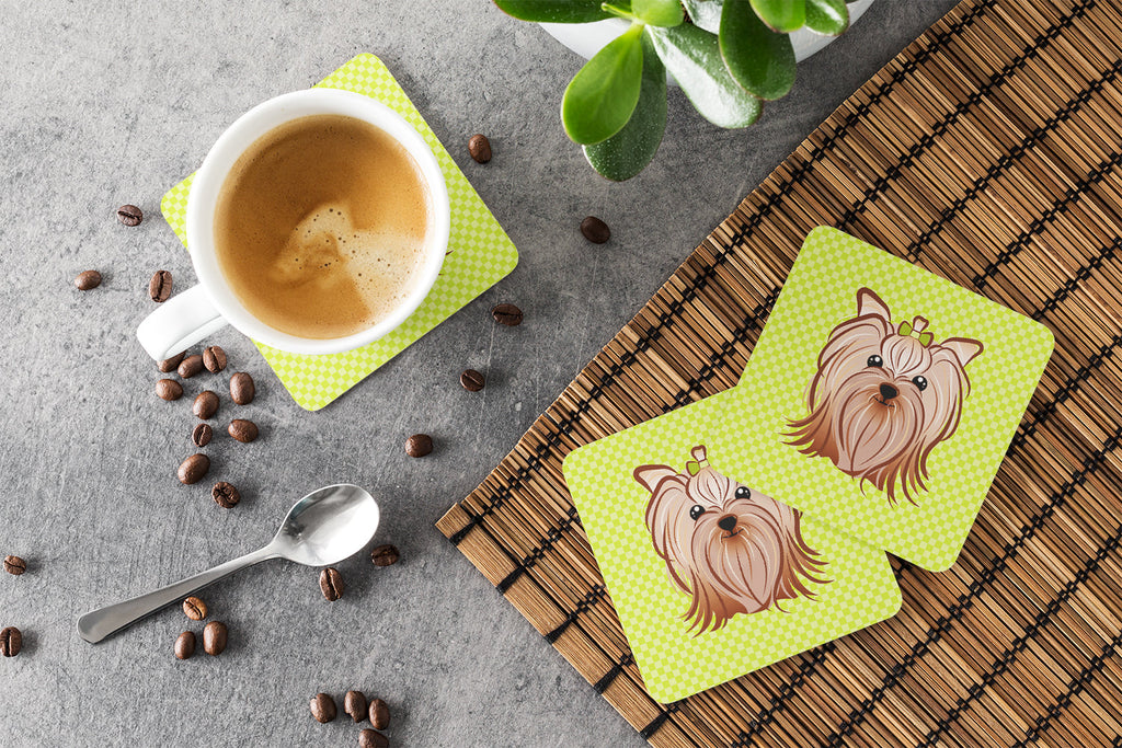 Checkerboard Lime Green Yorkie Yorkishire Terrier Foam Coasters Set of 4 Cup Coasters for Indoor Outdoor, Tabletop Protection, Anti Slip, Mouse pad Material