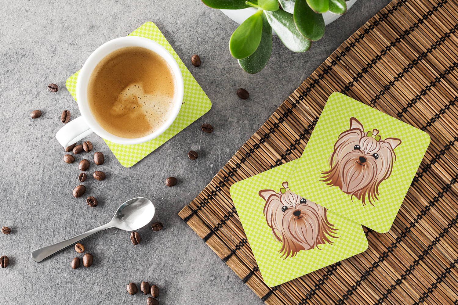 Checkerboard Lime Green Yorkie Yorkishire Terrier Foam Coasters Set of 4 Cup Coasters for Indoor Outdoor, Tabletop Protection, Anti Slip, Mouse pad Material