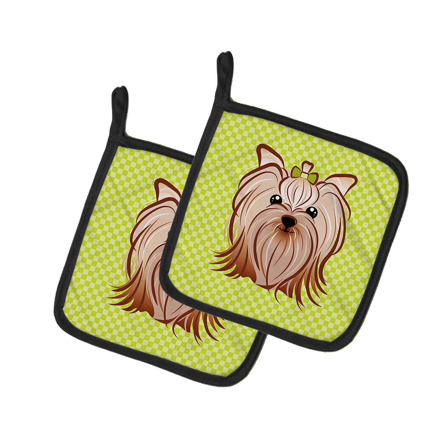 Checkerboard Lime Green Yorkie Yorkishire Terrier Pot Holder Set of 2 Heat Resistant Quilted Hot Pads 7.5 x 7.5 Inch, Insulated Kitchen Trivets for Cooking & Baking