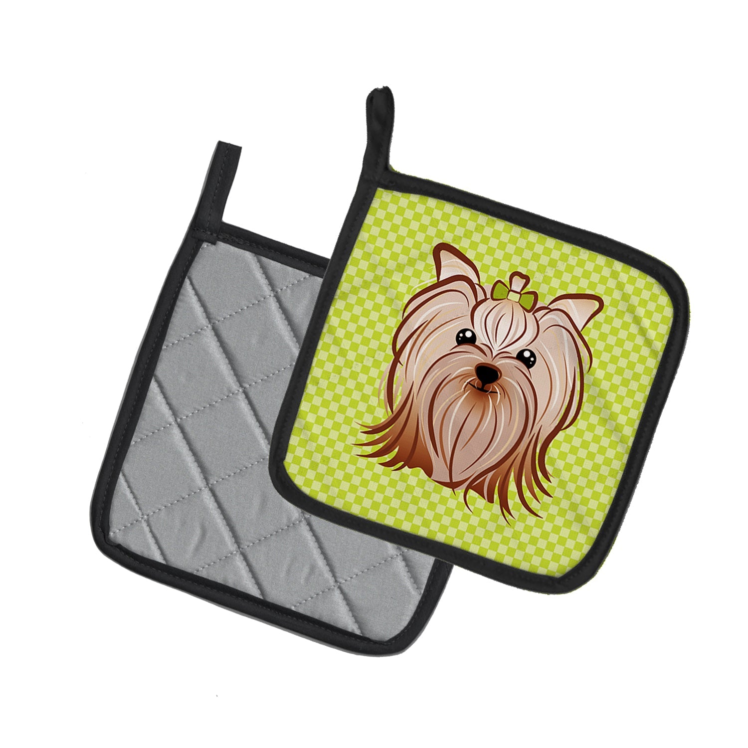 Checkerboard Lime Green Yorkie Yorkishire Terrier Pot Holder Set of 2 Heat Resistant Quilted Hot Pads 7.5 x 7.5 Inch, Insulated Kitchen Trivets for Cooking & Baking