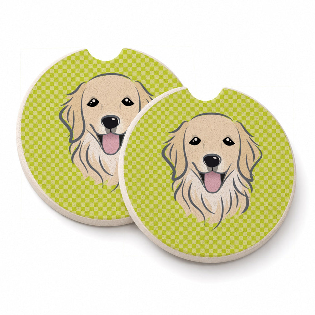 Checkerboard Lime Green Golden Retriever Set of 2 Cup Holder Car Coasters Absorbent Round Sandstone Coasters Gifts for Men or Women, 2.5, Multicolor