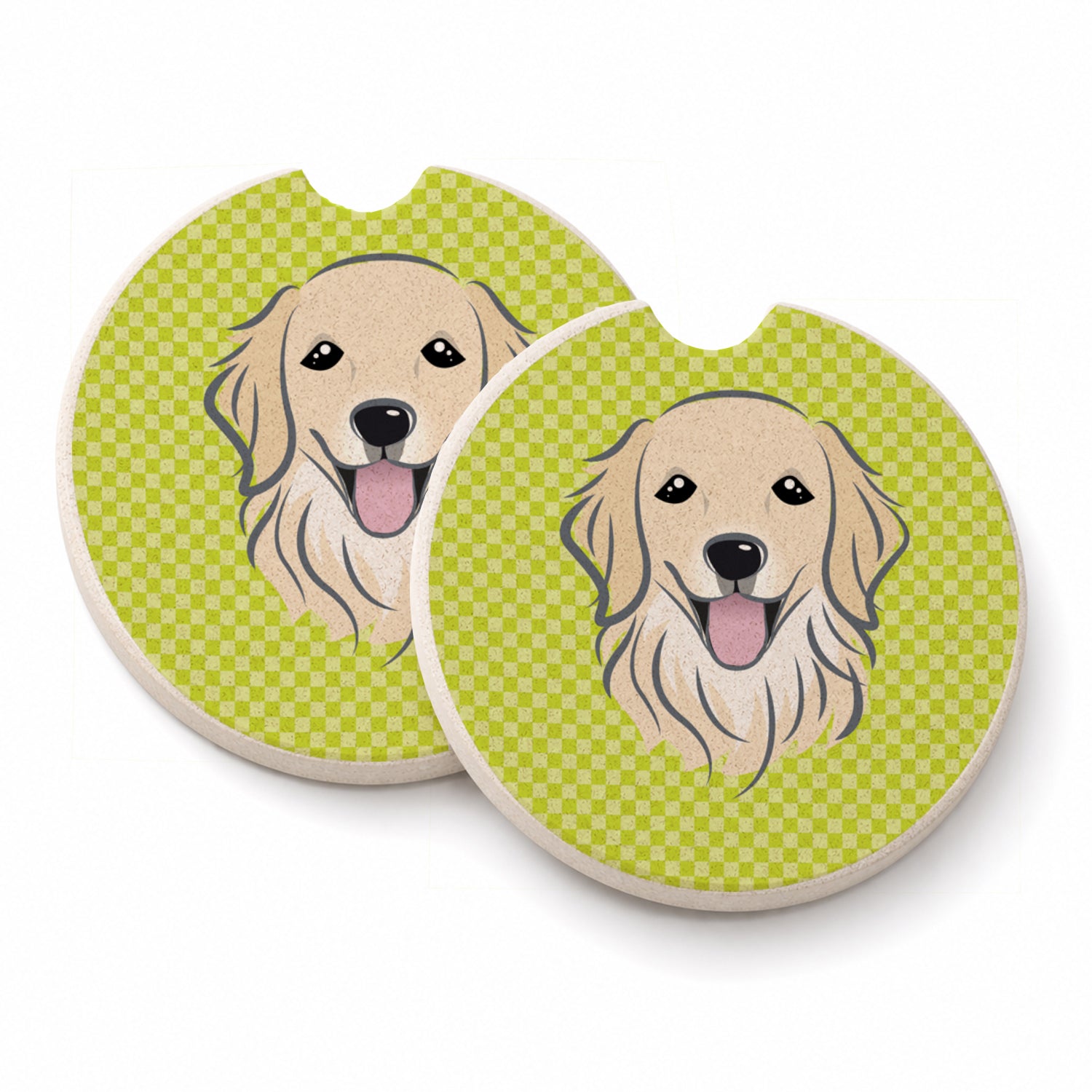Checkerboard Lime Green Golden Retriever Set of 2 Cup Holder Car Coasters Absorbent Round Sandstone Coasters Gifts for Men or Women, 2.5, Multicolor