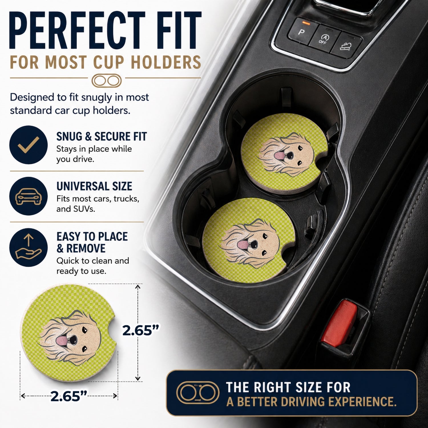 Checkerboard Lime Green Golden Retriever Set of 2 Cup Holder Car Coasters Absorbent Round Sandstone Coasters Gifts for Men or Women, 2.5, Multicolor