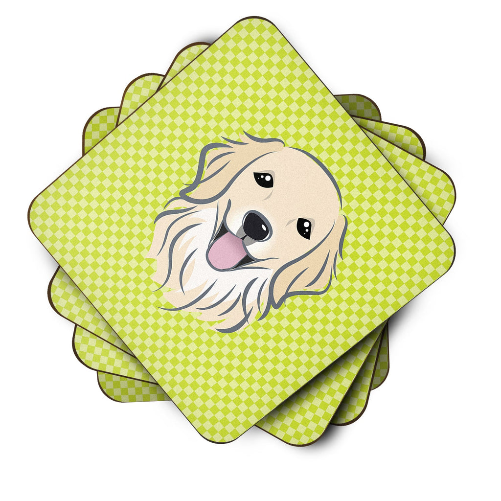 Checkerboard Lime Green Golden Retriever Foam Coasters Set of 4 Cup Coasters for Indoor Outdoor, Tabletop Protection, Anti Slip, Mouse pad Material
