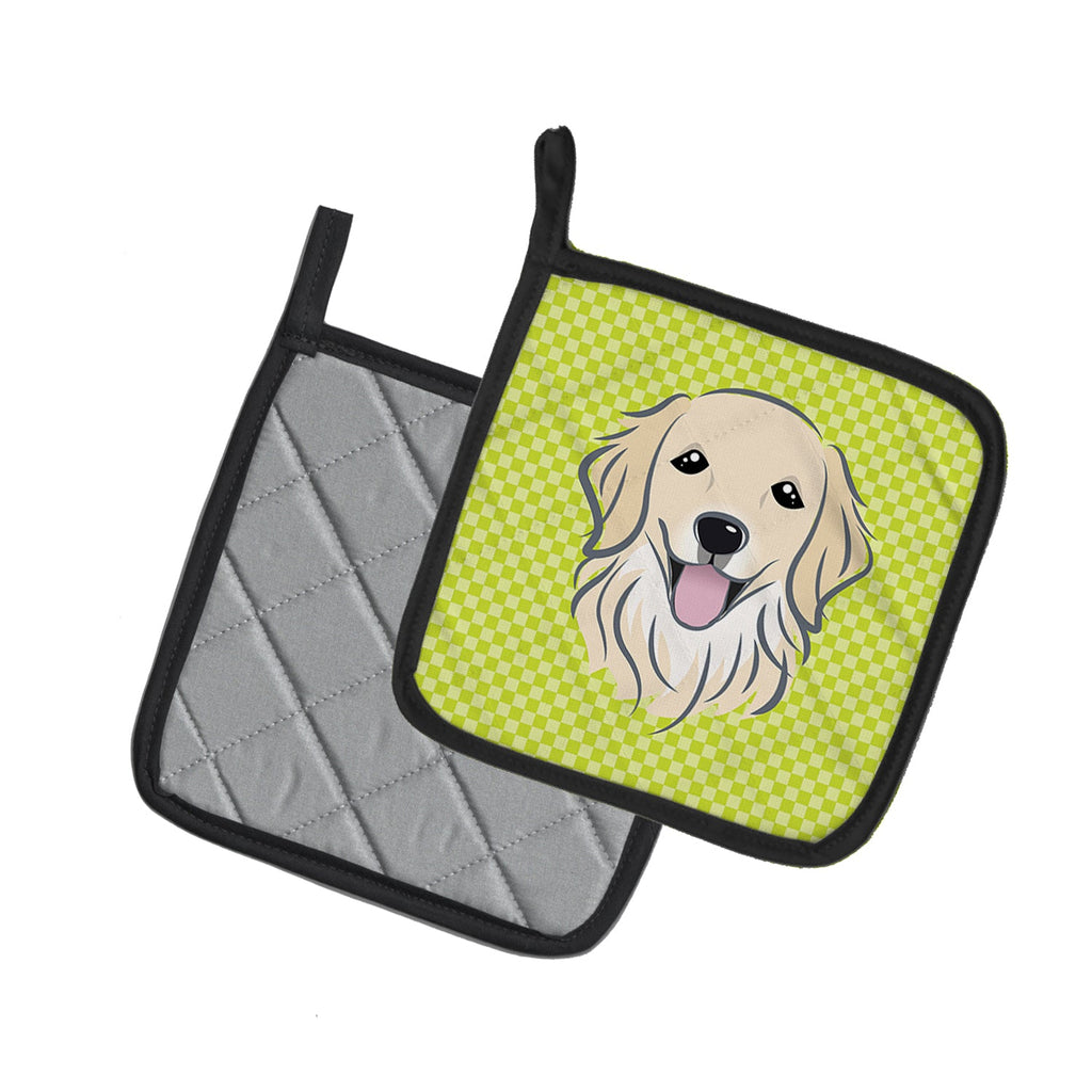 Checkerboard Lime Green Golden Retriever Pot Holder Set of 2 Heat Resistant Quilted Hot Pads 7.5 x 7.5 Inch, Insulated Kitchen Trivets for Cooking & Baking