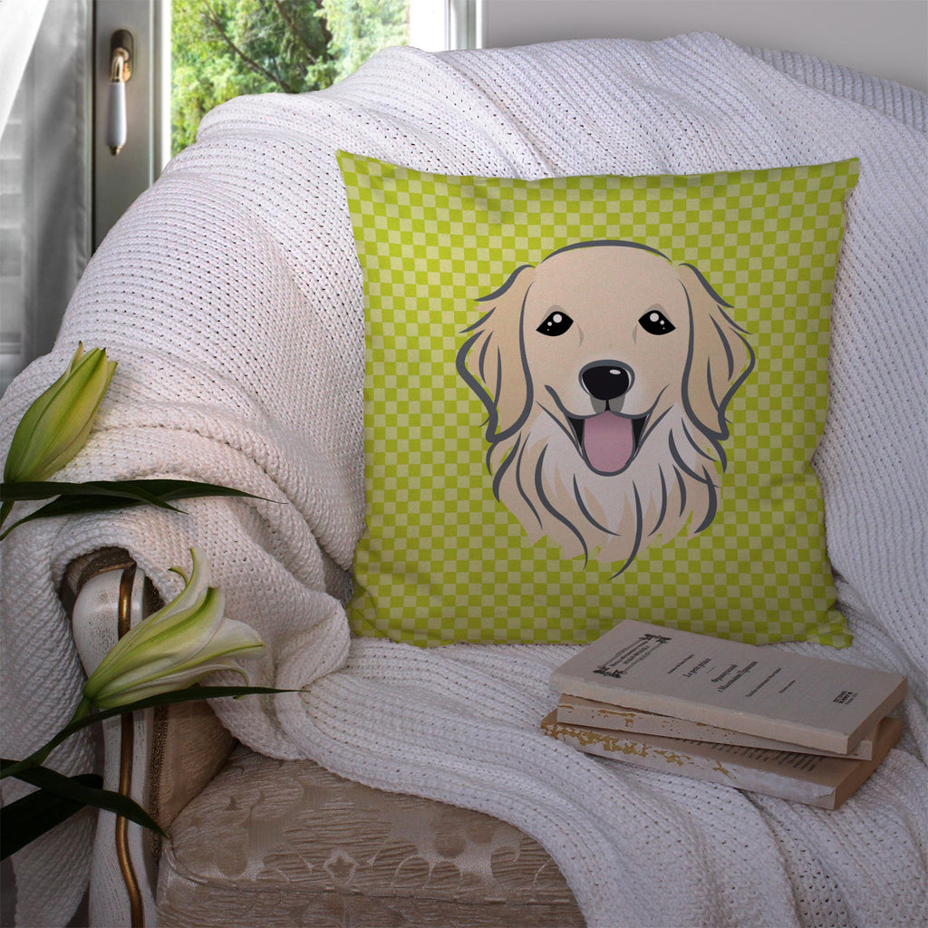 Checkerboard Lime Green Golden Retriever Decorative Throw Pillow 14x14 Indoor Outdoor Accent Cushion, Fabric Cover with Insert for Sofa, Bed, Porch & Living Room