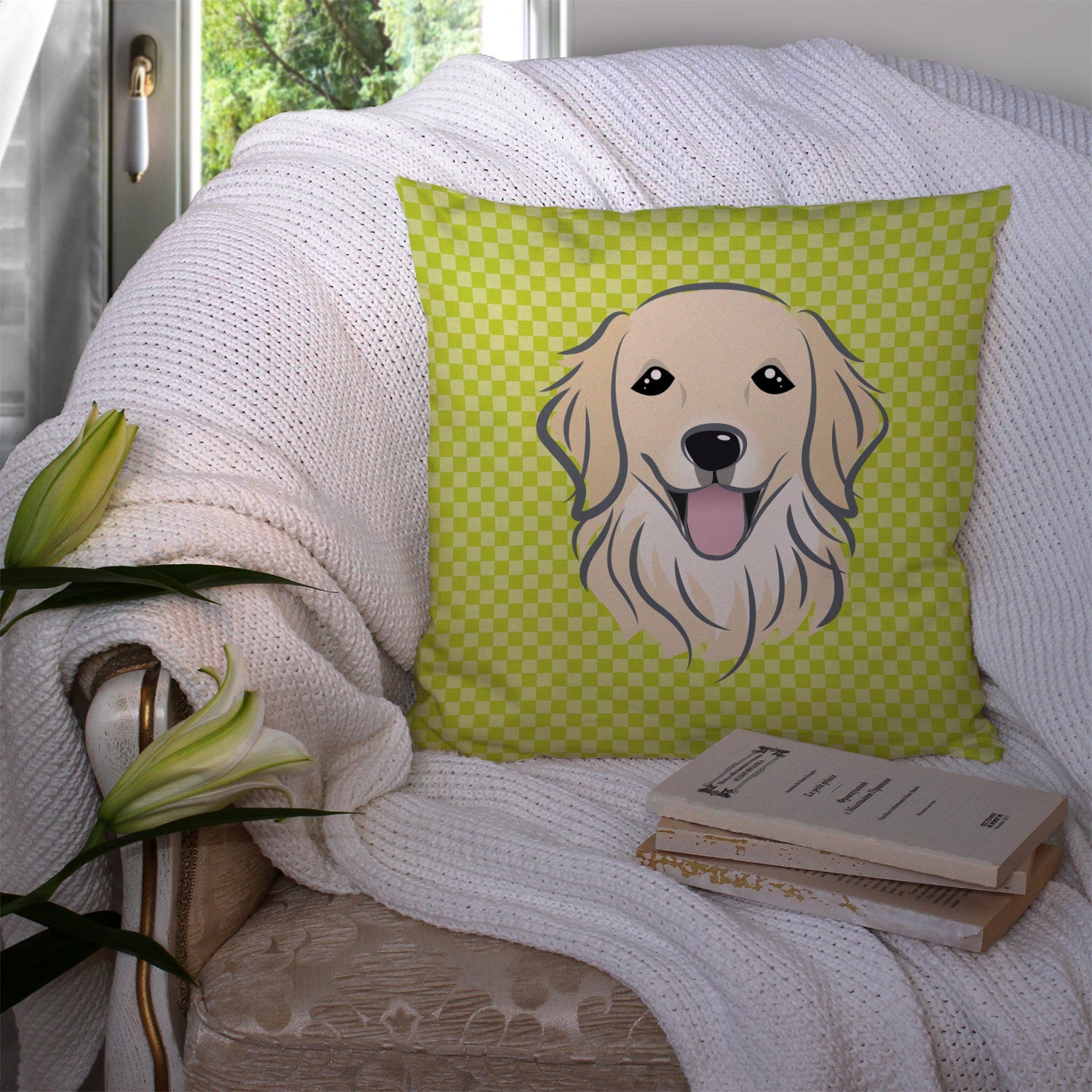 Checkerboard Lime Green Golden Retriever Decorative Throw Pillow 14x14 Indoor Outdoor Accent Cushion, Fabric Cover with Insert for Sofa, Bed, Porch & Living Room