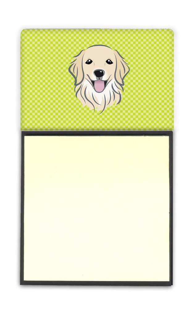 Checkerboard Lime Green Golden Retriever Watercolor Sticky Note Holder Refillable Dispenser Desk Accessory 3x3 Pad Gift