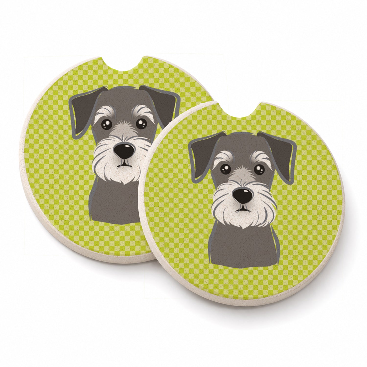 Checkerboard Lime Green Schnauzer Set of 2 Cup Holder Car Coasters Absorbent Round Sandstone Coasters Gifts for Men or Women, 2.5, Multicolor