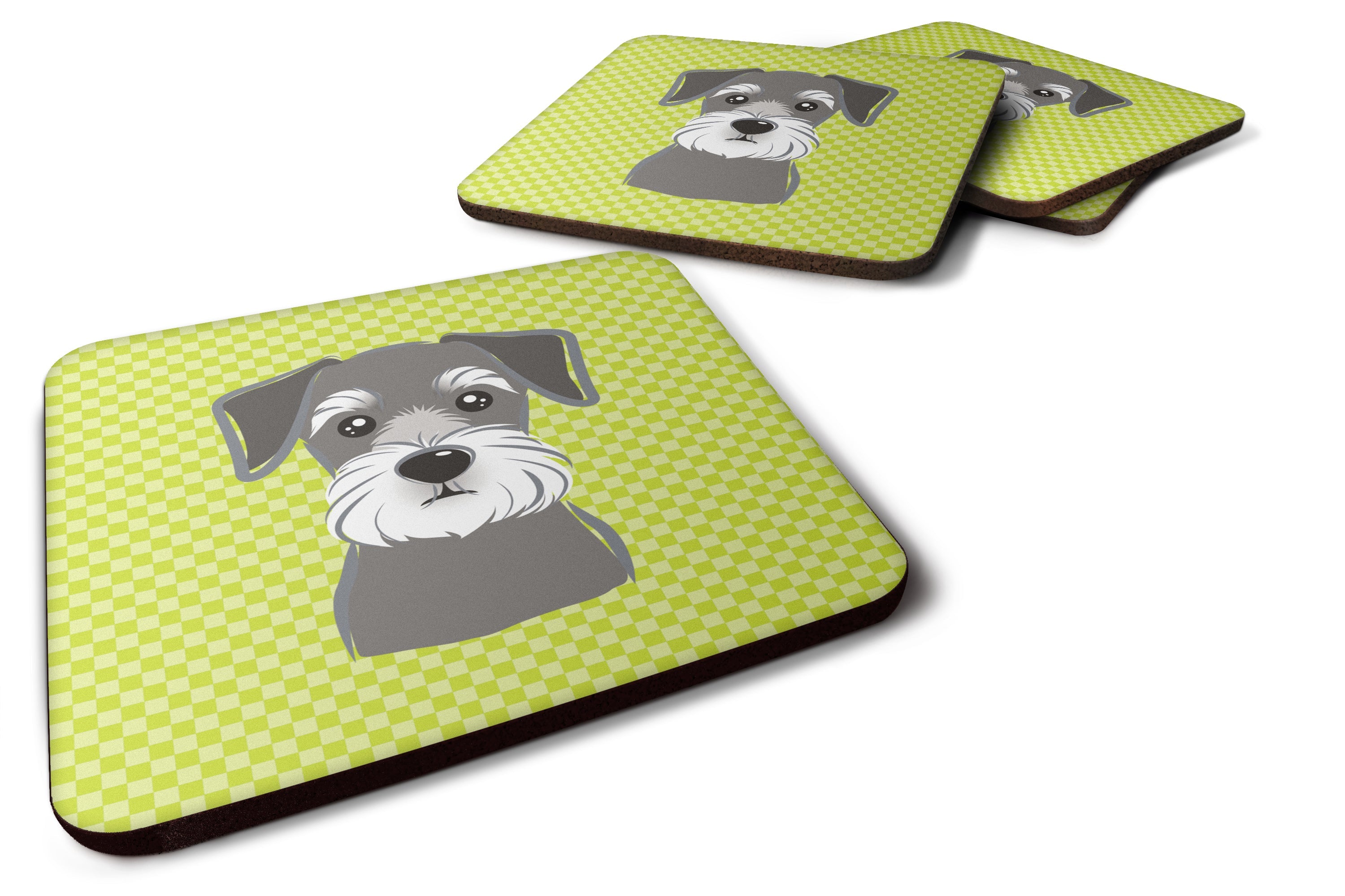 Checkerboard Lime Green Schnauzer Foam Coasters Set of 4 Cup Coasters for Indoor Outdoor, Tabletop Protection, Anti Slip, Mouse pad Material