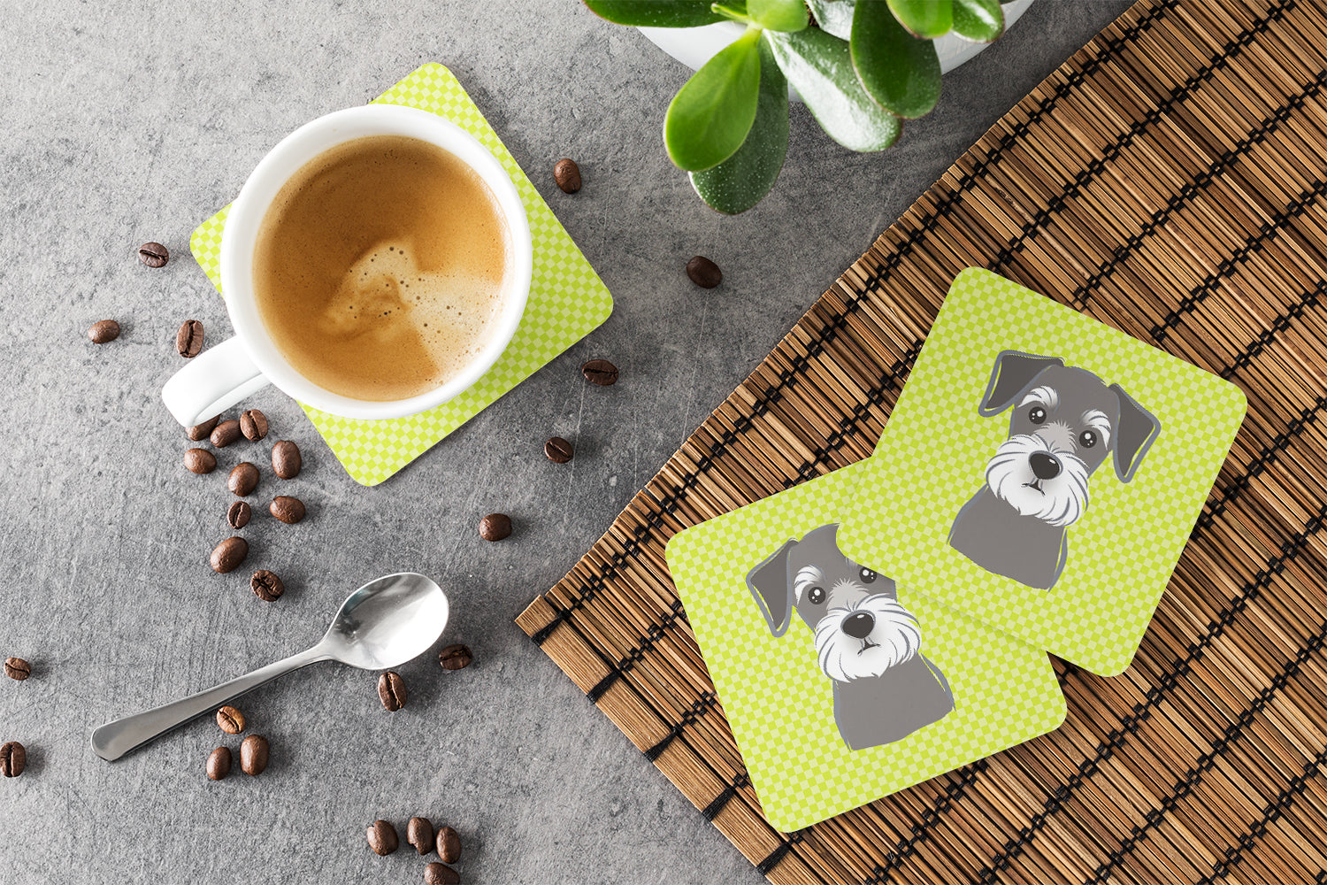 Checkerboard Lime Green Schnauzer Foam Coasters Set of 4 Cup Coasters for Indoor Outdoor, Tabletop Protection, Anti Slip, Mouse pad Material