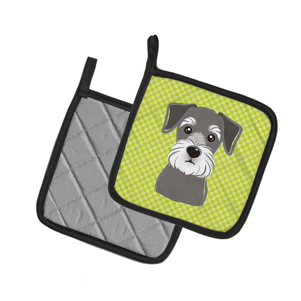 Checkerboard Lime Green Schnauzer Pot Holder Set of 2 Heat Resistant Quilted Hot Pads 7.5 x 7.5 Inch, Insulated Kitchen Trivets for Cooking & Baking