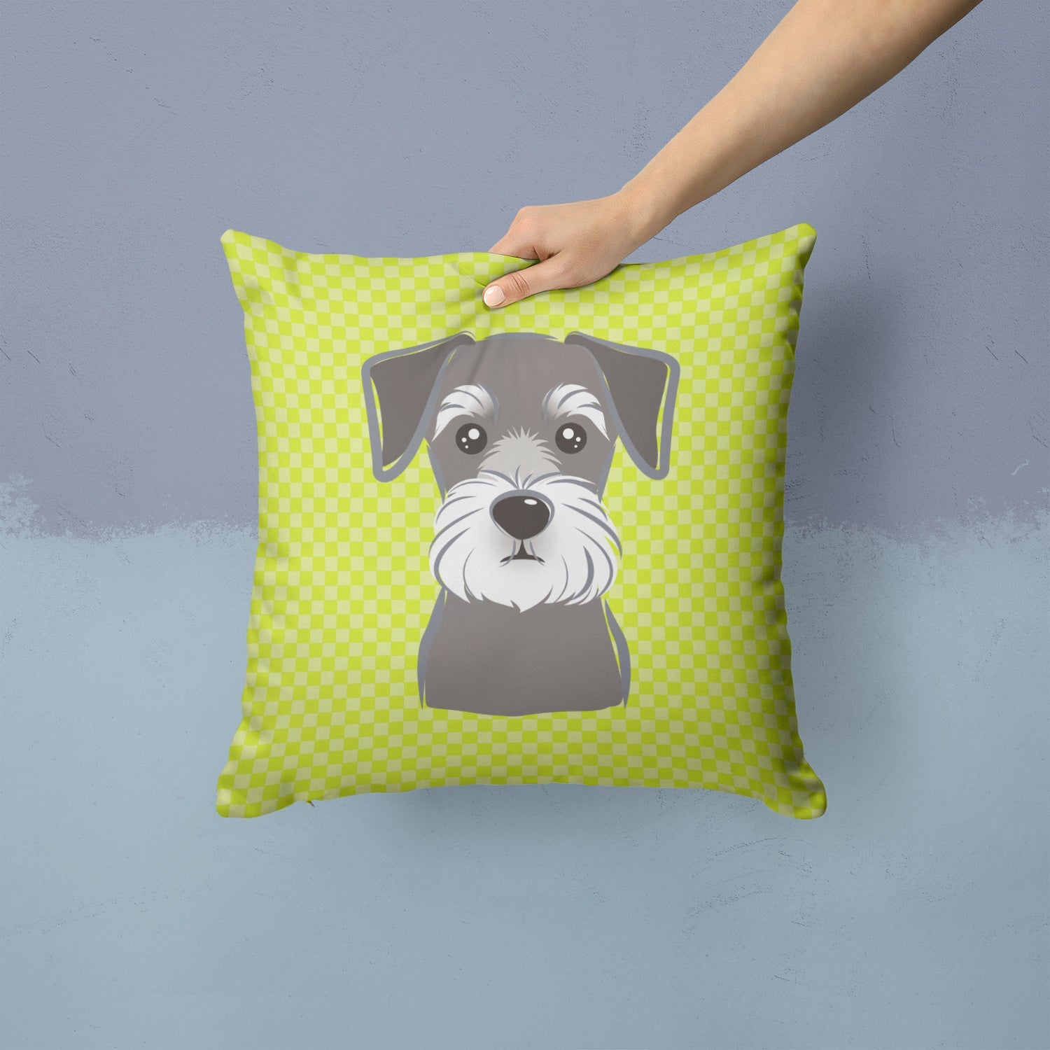 Checkerboard Lime Green Schnauzer Decorative Throw Pillow 14x14 Indoor Outdoor Accent Cushion, Fabric Cover with Insert for Sofa, Bed, Porch & Living Room