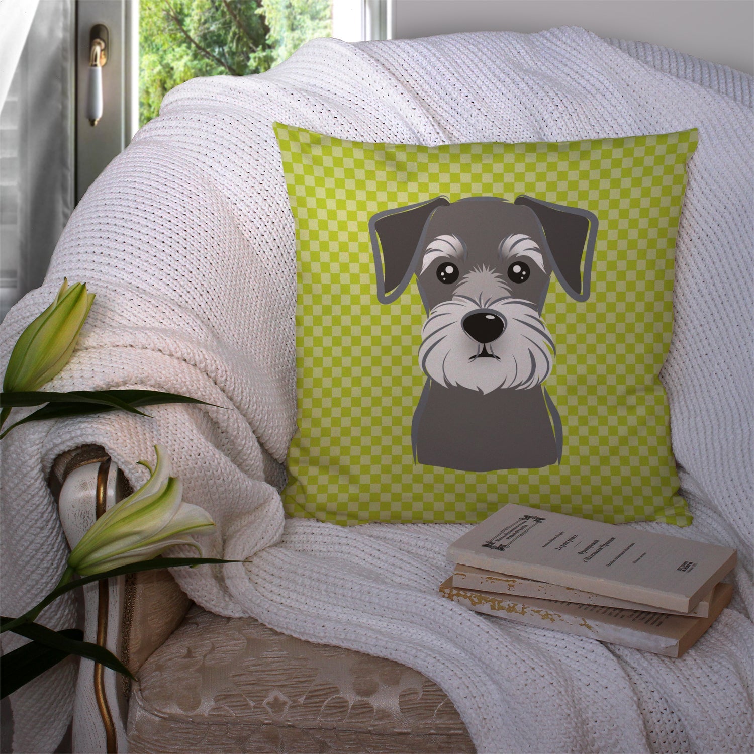Checkerboard Lime Green Schnauzer Decorative Throw Pillow 14x14 Indoor Outdoor Accent Cushion, Fabric Cover with Insert for Sofa, Bed, Porch & Living Room