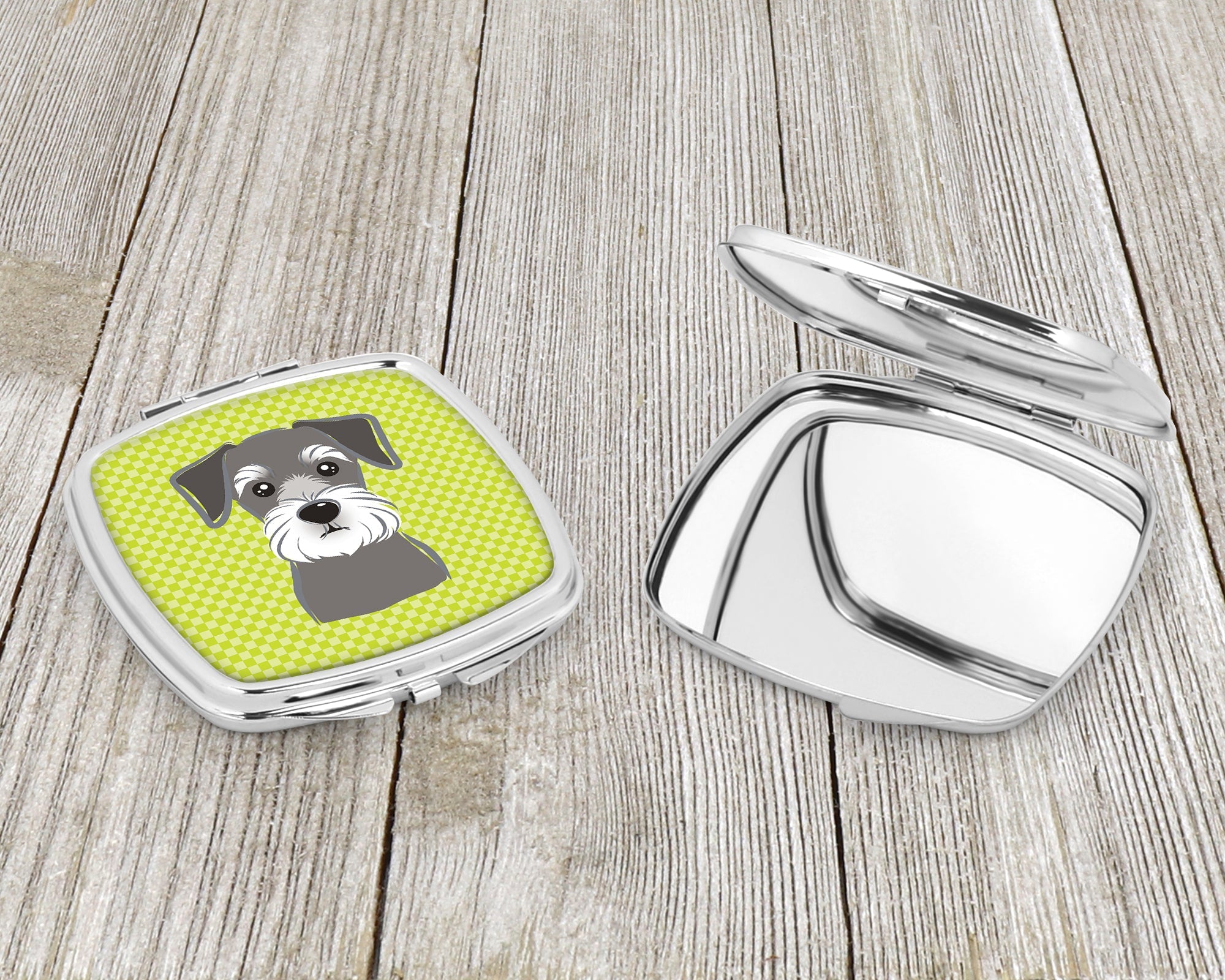 Checkerboard Lime Green Schnauzer Compact Mirror Decorative Travel Makeup Mirror for Women Girls Gifts Pocket Makeup Mirror Folding Handheld