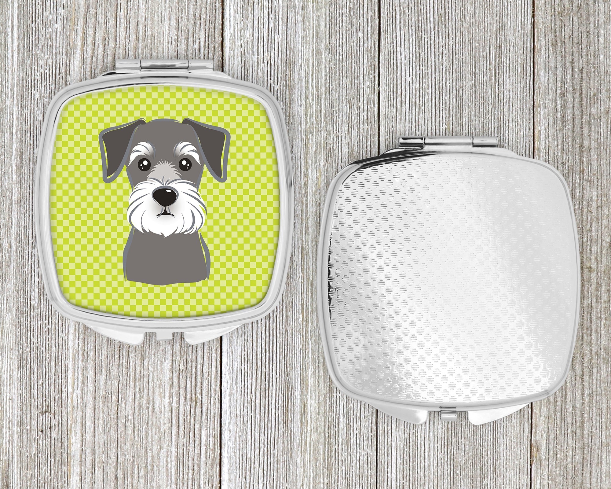 Checkerboard Lime Green Schnauzer Compact Mirror Decorative Travel Makeup Mirror for Women Girls Gifts Pocket Makeup Mirror Folding Handheld
