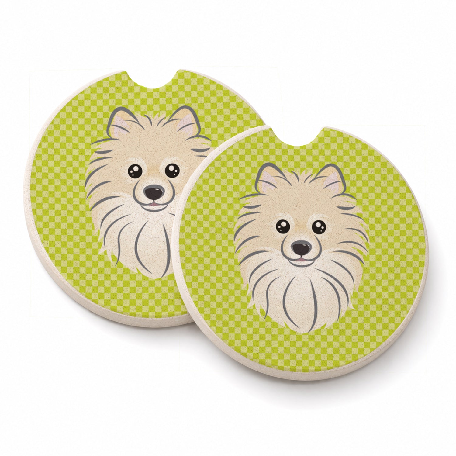Checkerboard Lime Green Pomeranian Set of 2 Cup Holder Car Coasters Absorbent Round Sandstone Coasters Gifts for Men or Women, 2.5, Multicolor