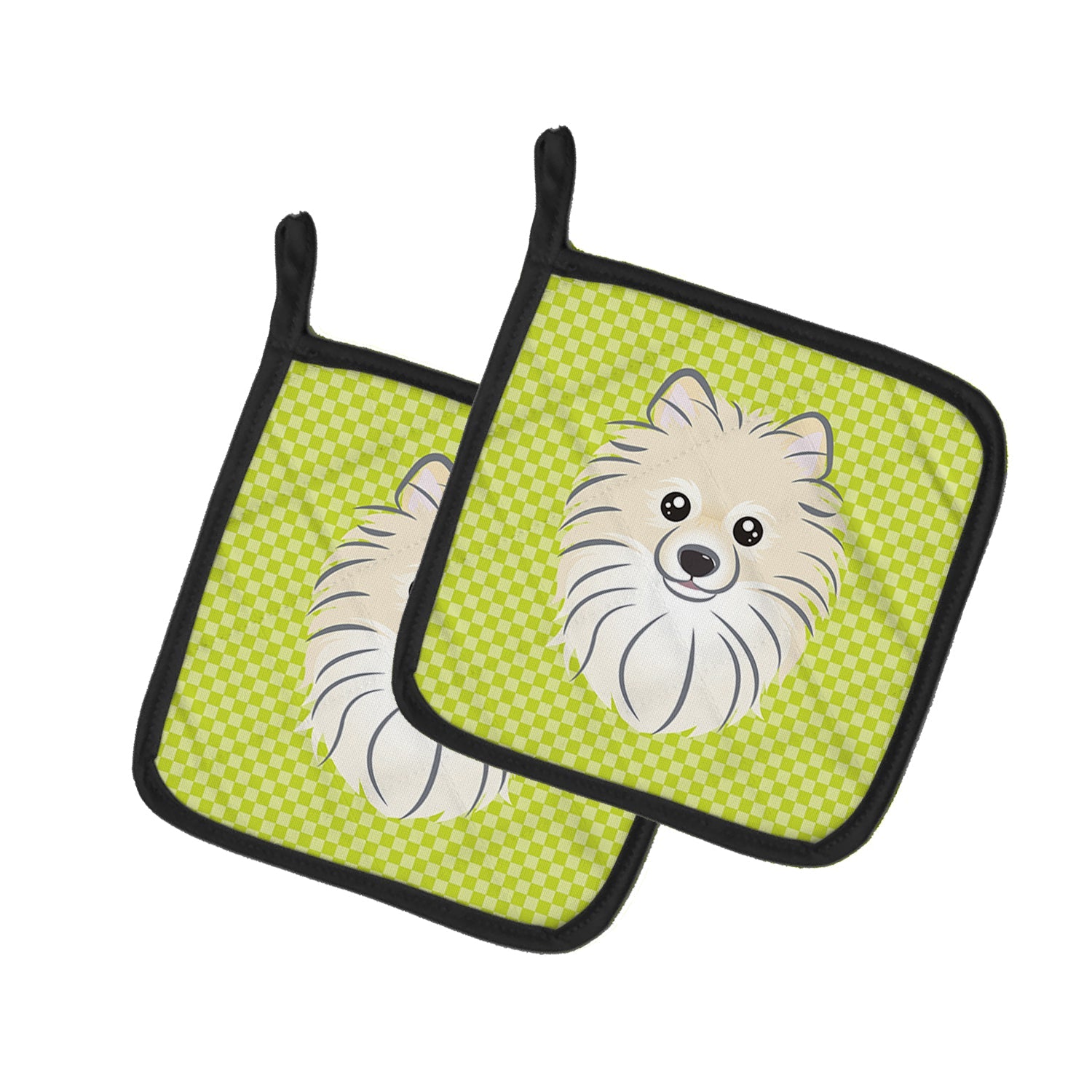 Checkerboard Lime Green Pomeranian Pot Holder Set of 2 Heat Resistant Quilted Hot Pads 7.5 x 7.5 Inch, Insulated Kitchen Trivets for Cooking & Baking