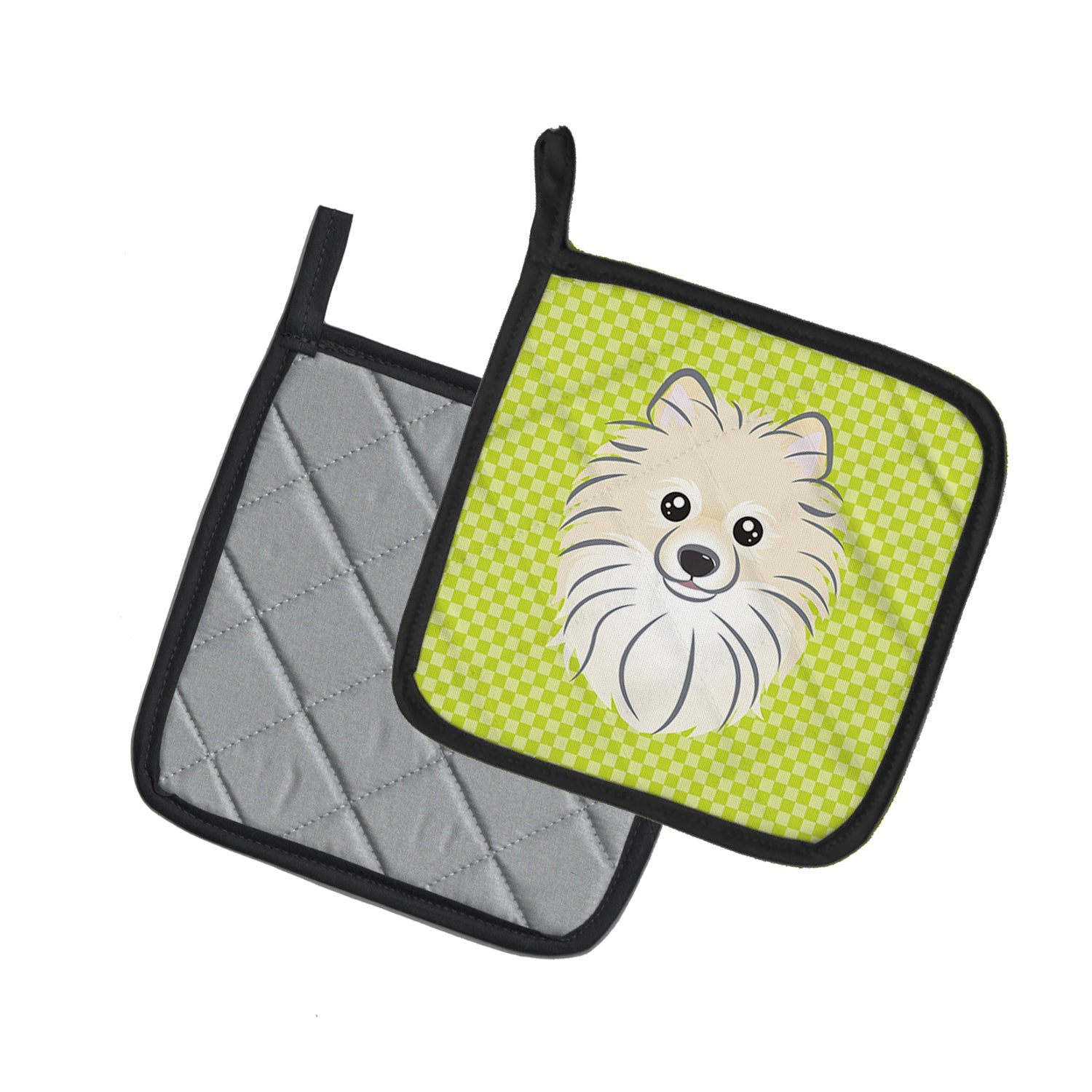 Checkerboard Lime Green Pomeranian Pot Holder Set of 2 Heat Resistant Quilted Hot Pads 7.5 x 7.5 Inch, Insulated Kitchen Trivets for Cooking & Baking