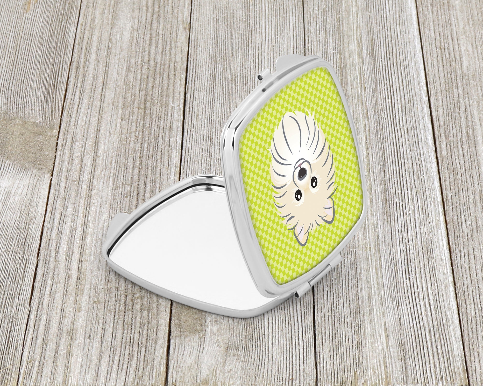 Checkerboard Lime Green Pomeranian Compact Mirror Decorative Travel Makeup Mirror for Women Girls Gifts Pocket Makeup Mirror Folding Handheld